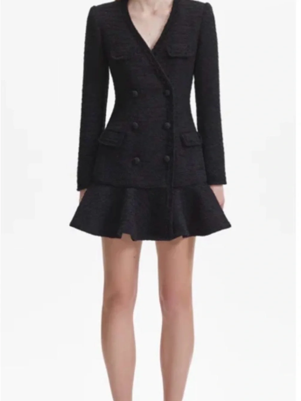 Self-Portrait Black Tweed Double-Breasted Peplum Mini Dress - Picture 1 of 1